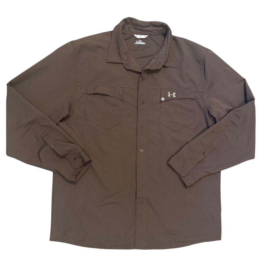 Under Armour Mens Long Sleeve Button Down Fishing Shirt Brown Large lightweight